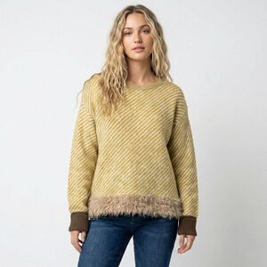 TELA Mustard Striped Faux Fur Trim Mohair Blend Sweater Medium Eclectic Grandpa